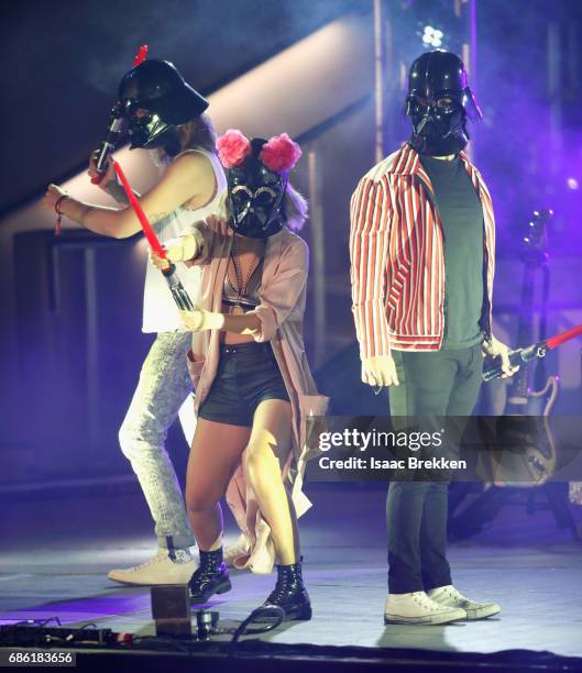 Musicians Jack Lawless, JinJoo Lee and Joe Jonas of DNCE perform on the second night of CBS RADIO's 'SPF' concert at The Boulevard Pool at The...
