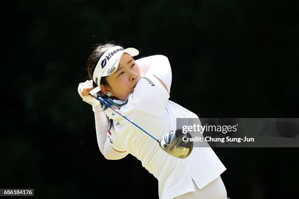 Saki Takeo of Japan plays a tee shot on the 5th hole during the final round of the Chukyo Television Bridgestone Ladies Open at the Chukyo Golf Club...