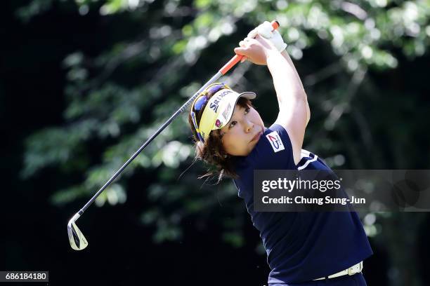 Yumiko Yoshida of Japan plays a tee shot on the 5th hole during the final round of the Chukyo Television Bridgestone Ladies Open at the Chukyo Golf...