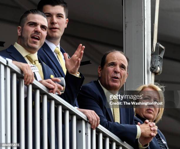 Kentucky Derby winner Always Dreaming owner Anthony Bonomo, second from right, watches the Maryland Sprint Stakes before the 142nd Running of the...