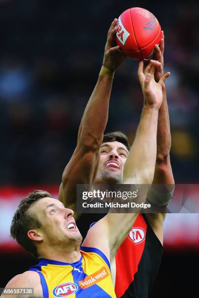 David Myers of the Bombers marks the ball during the round nine AFL match between the Essendon Bombers and the West Coast Eagles at Etihad Stadium on...