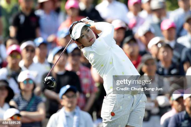 Erika Hara of Japan plays a tee shot on the 1st hole during the final round of the Chukyo Television Bridgestone Ladies Open at the Chukyo Golf Club...