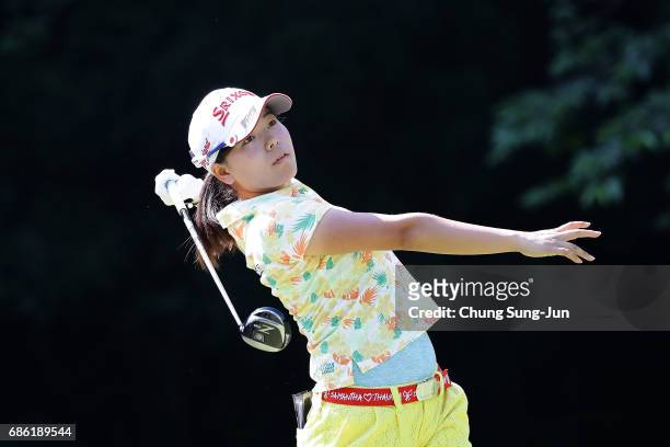 Minami Katsu of Japan plays a tee shot on the 5th hole during the final round of the Chukyo Television Bridgestone Ladies Open at the Chukyo Golf...