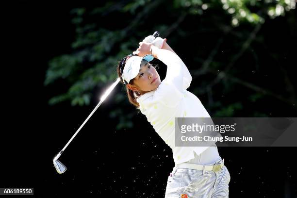 Erika Hara of Japan plays a tee shot on the 5th hole during the final round of the Chukyo Television Bridgestone Ladies Open at the Chukyo Golf Club...