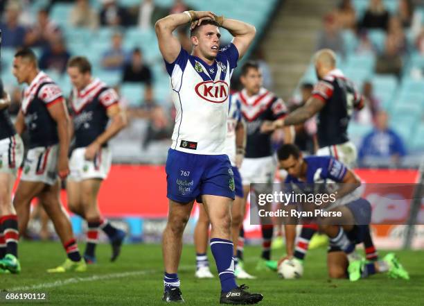 Adam Elliot of the Bulldogs looks dejected during the round 11 NRL match between the Canterbury Bulldogs and the Sydney Roosters at ANZ Stadium on...