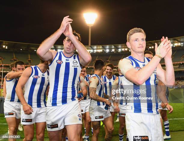 Todd Goldstein and Jack Ziebell of the Kangaroos celebrate winning the round nine AFL match between the Melbourne Demons and the North Melbourne...