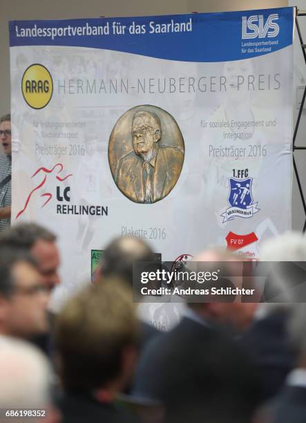 Overview with logo during the awarding ceremony of Hermann-Neuberger-Award on May 19, 2017 in Saarbruecken, Germany.