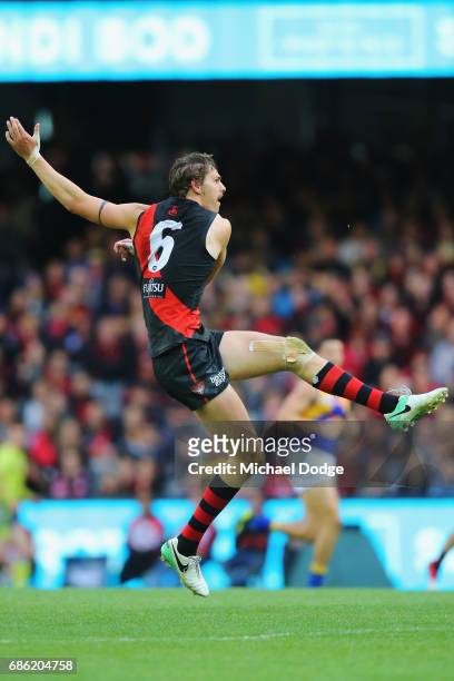 Joe Daniher of the Bombers kicks the ball during the round nine AFL match between the Essendon Bombers and the West Coast Eagles at Etihad Stadium on...