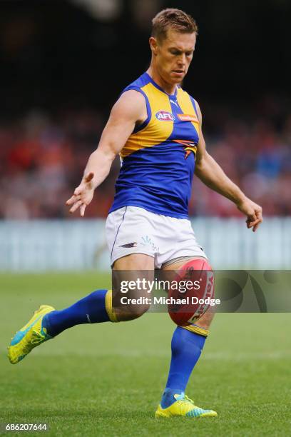 Sam Mitchell of the Eagles kicks the ball during the round nine AFL match between the Essendon Bombers and the West Coast Eagles at Etihad Stadium on...