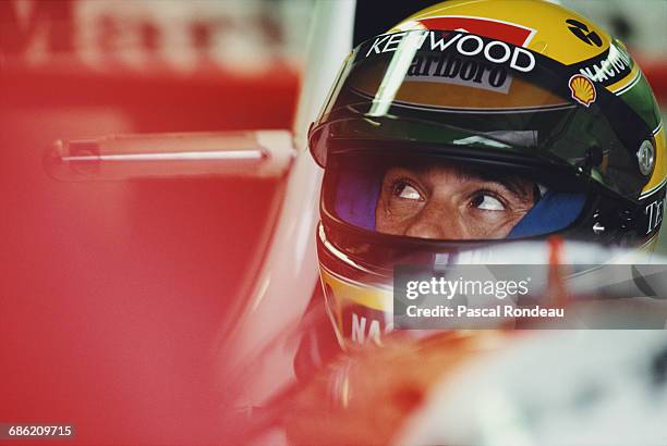 Ayrton Senna of Brazil sits aboard the Marlboro McLaren McLaren MP4/8 Ford HBE7 V10 during the Canadian Grand Prix on 13 June 1993 at the Montreal...