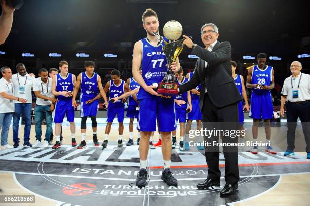 Ivan Fevrier, #77 of U18 CFBB Paris and Jordi Bertomeu, President & CEO of Euroleague Basketball after the EuroLeague Basketball Adidas Next...