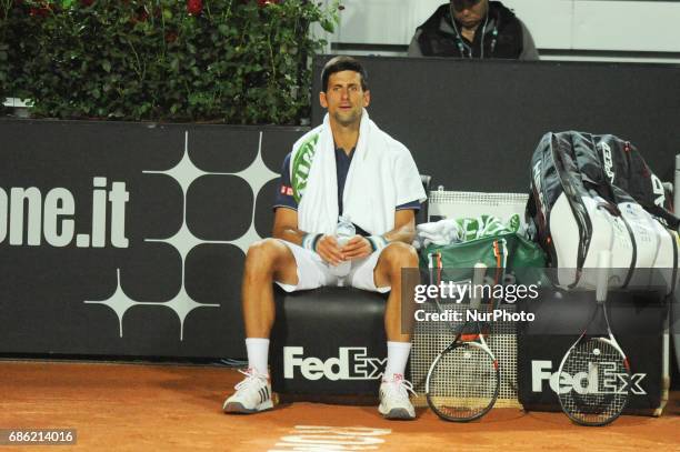 Novak Djokovic of Serbia in action during the men's semi-final against Dominic Thiem of Austria on Day Seven of the Internazionali BNL d'Italia 2017...