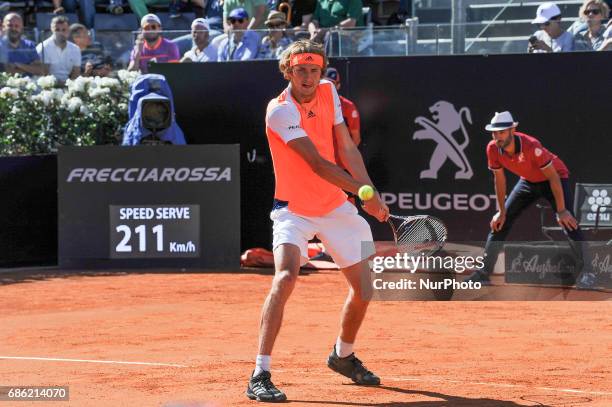 Alexander Zverev of Germany serves during his semi final match against John Isner of USA in The Internazionali BNL d'Italia 2017 at Foro Italico on...