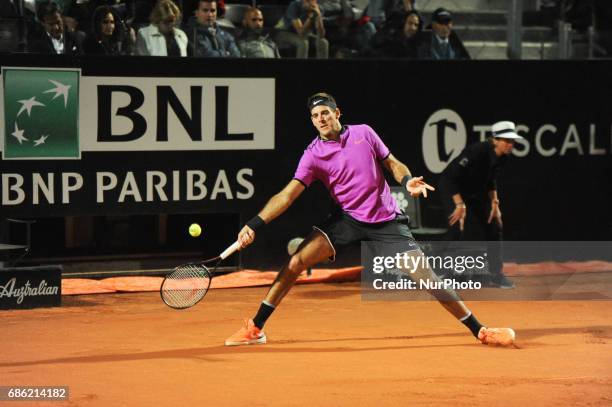 Juan Martin Del Potro in action against Novak Djokovic during the ATP World Tour Masters 1000 Internazionali BNL D'Italia at the Foro Italico, Rome,...