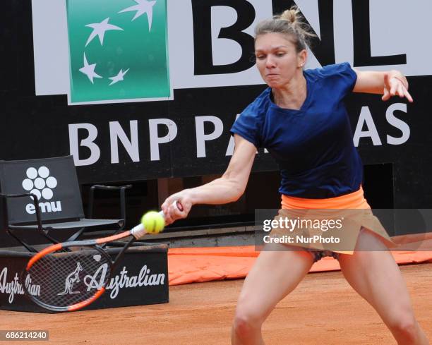 Simona Halep of Romania plays a shot during her semi final match against Kiki Bertens in The Internazionali BNL d'Italia 2017 at Foro Italico on May...