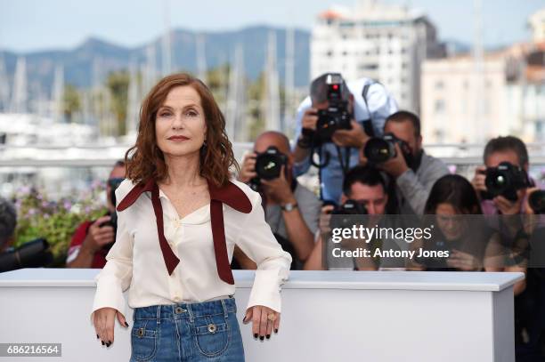 Actress Isabelle Huppert attends the "Claire's Camera " photocall during the 70th annual Cannes Film Festival at Palais des Festivals on May 21, 2017...