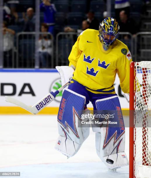 Henrik Lundqvist, goaltender of Sweden tends net against Finland during the 2017 IIHF Ice Hockey World Championship semi final game between Sweden...