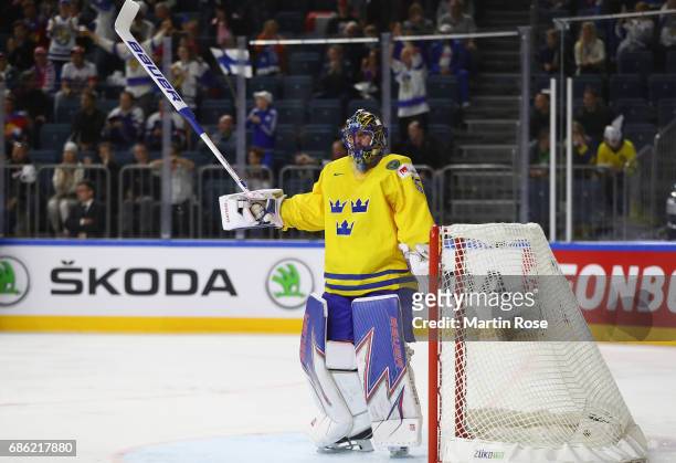 Henrik Lundqvist, goaltender of Sweden tends net against Finland during the 2017 IIHF Ice Hockey World Championship semi final game between Sweden...