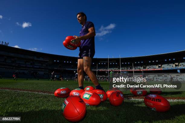 Danyle Pearce of the Dockers gathers a ball at warmup during the 2017 AFL round 09 match between the Fremantle Dockers and the Carlton Blues at...