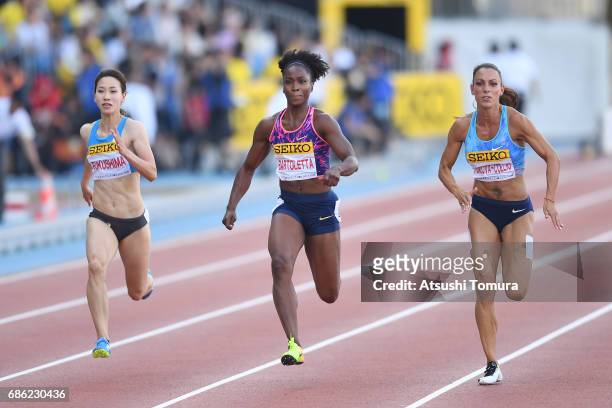 Chisato Fukushima of Japan, Tianna Bartoletta of the USA and Ivet Lalova-Collio of Bulgaria compete in the Women's 100m during the SEIKO Golden Grand...