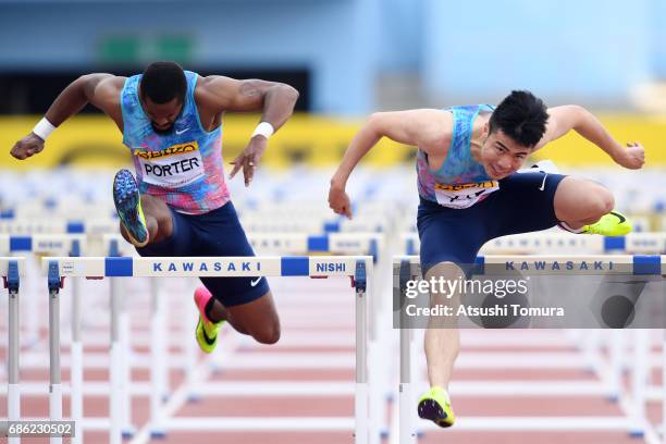 Jeff Porter of the USA and Wenjun Xie of China compete in the Men 110mH during the SEIKO Golden Grand Prix at Todoroki Athletics Stadium on May 21,...