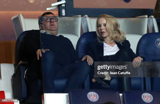 Sports agent Mino Raiola and Helena Seger, wife of Zlatan Ibrahimovic attend the French League 1 match between Paris Saint-Germain and Stade Malherbe...