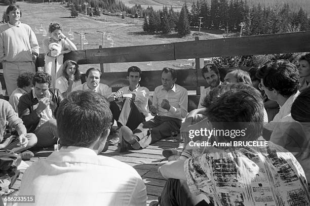 Michel Rocard surrounded by young supporters of his politics, Nathalie Soulie , Alain Bauer, Manuel Valls and Stephane Fouks at Les Arcs, France, 6th...