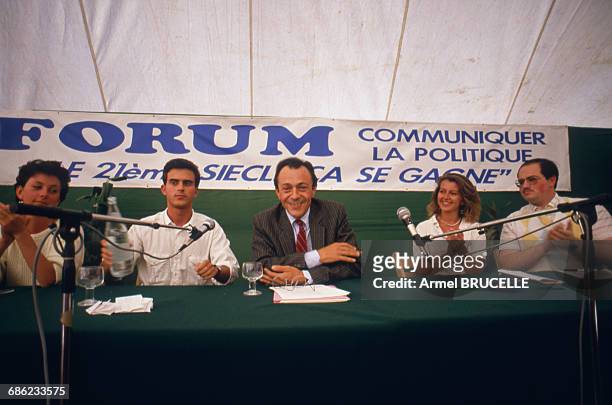 Summer University for Youth Rocardien in Les Arcs, France on September 06, 1985 - Michel Rocard, Manuel Valls, his first wife Nathalie Soulie and...
