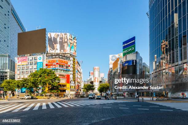 empty shibuya crossing early in the morning with no people and cars - shibuya crossing stock-fotos und bilder