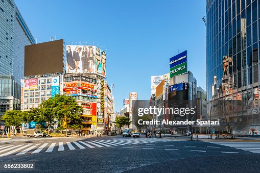 Empty Shibuya crossing early in the morning with no people and cars Empty Shibuya crossing early in the morning with no people and cars