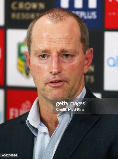 Rabbitohs coach Michael Maguire speaks to the media after the round 11 NRL match between the South Sydney Rabbitohs and the Melbourne Storm at nib...