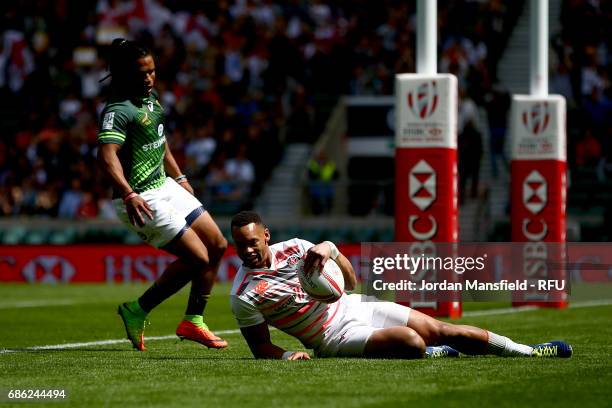 Dan Norton of England touches down a try during the match between England and South Africa during day two of the HSBC London Sevens at Twickenham...