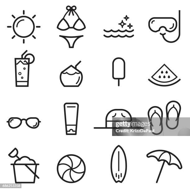 ilustraciones, imágenes clip art, dibujos animados e iconos de stock de iconos de línea fina de verano - coco fruta tropical