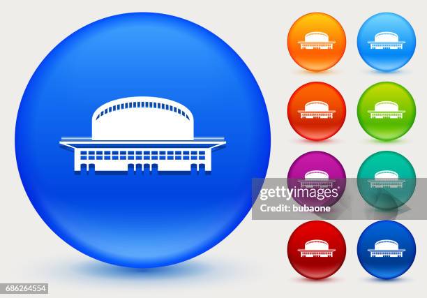 building icon on shiny color circle buttons - property developer stock illustrations
