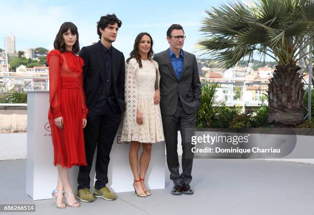 Actors Berenice Bejo, Louis Garrel, Stacy Martin and director Michel Hazanavicius attend the "Redoutable " photocall during the 70th annual Cannes...