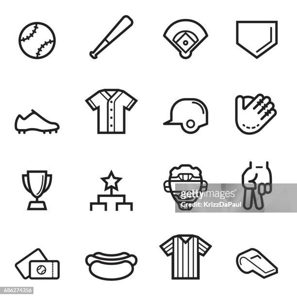 ilustrações de stock, clip art, desenhos animados e ícones de baseball thin line icons - bola de basebol