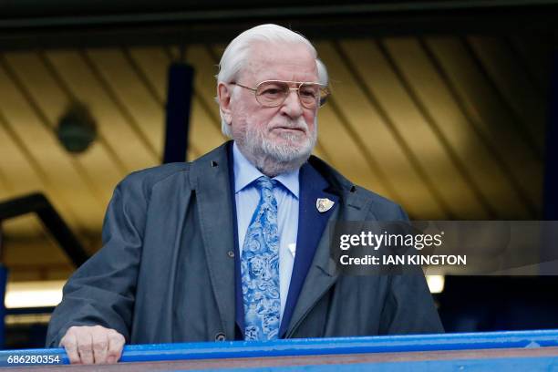 Former Chelsea chairman Ken Bates awaits kick off in the English Premier League football match between Chelsea and Sunderland at Stamford Bridge in...