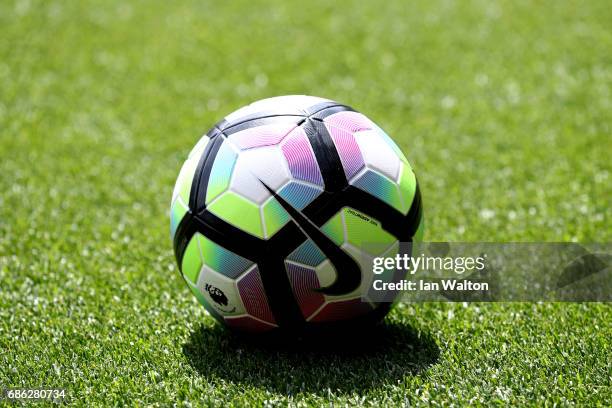 The premier league ball is seen prior to the Premier League match between Hull City and Tottenham Hotspur at the KC Stadium on May 21, 2017 in Hull,...