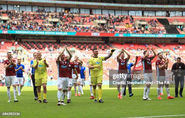 The South Shields team celebrate after The Buildbase FA Vase Final between South Shields and Cleethorpes Town at Wembley Stadium on May 21, 2017 in...
