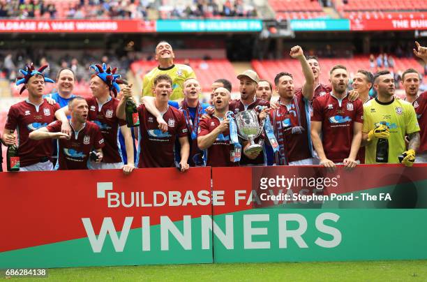 The South Shields team celebrate with the FA Vase trophy after The Buildbase FA Vase Final between South Shields and Cleethorpes Town at Wembley...