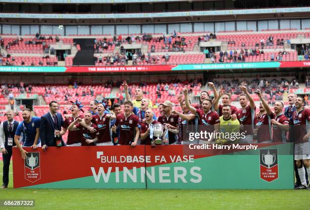 South Shields players celebrate winning the FA Vase trophy after the Buildbase FA Vase Final between South Shields and Cleethorpes Town at Wembley...