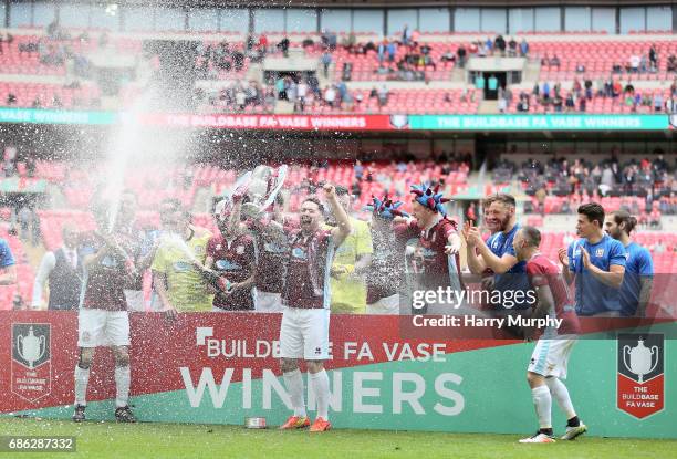 South Shields players celebrate winning the FA Vase trophy after the Buildbase FA Vase Final between South Shields and Cleethorpes Town at Wembley...