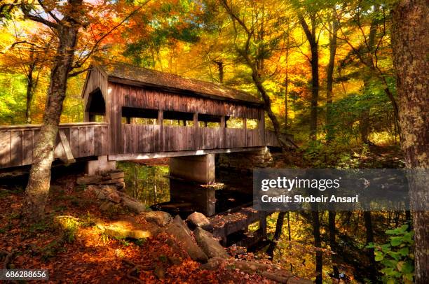 covered bridge crosses stream at devil's hopyard state park - connecticut fotografías e imágenes de stock