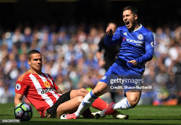 Jack Rodwell of Sunderland fouls Eden Hazard of Chelsea during the Premier League match between Chelsea and Sunderland at Stamford Bridge on May 21,...