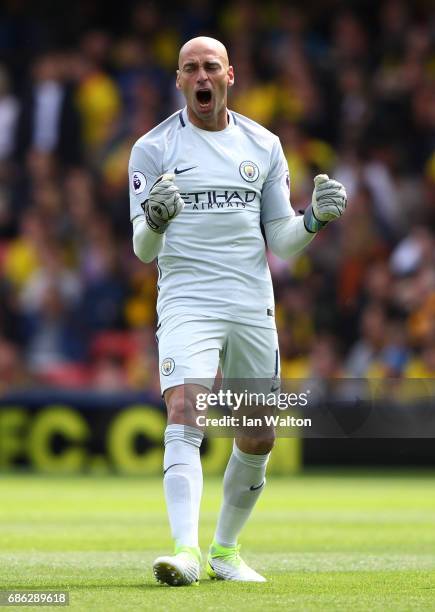 Willy Caballero of Manchester City celebrates his sides first goal during the Premier League match between Watford and Manchester City at Vicarage...
