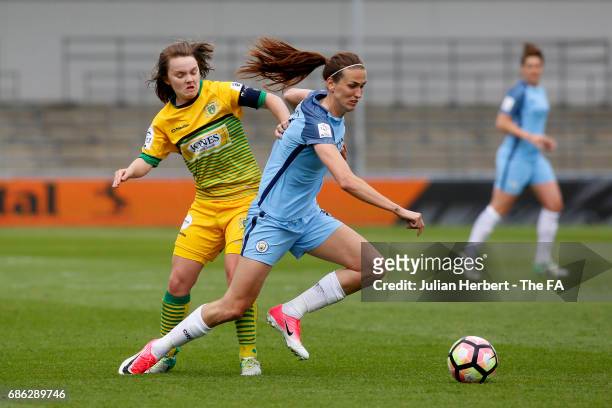 Jill Scott of Manchester City Women and Ellie Curson of Yeovil Town Ladies in action during the WSL Spring Series Match between Manchester City Women...