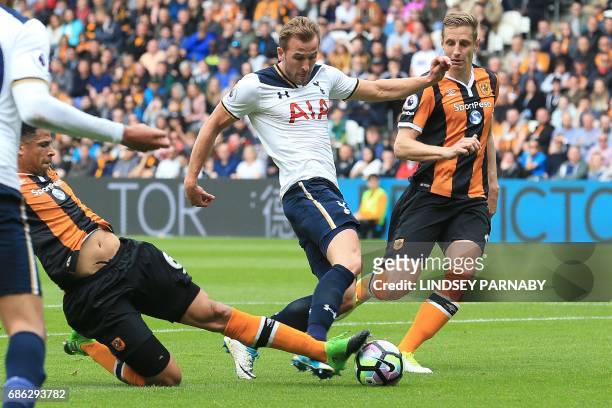 Tottenham Hotspur's English striker Harry Kane scores his team's second goal during the English Premier League football match between Hull City and...