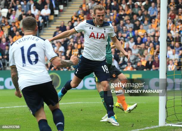 Tottenham Hotspur's English striker Harry Kane celebrates scoring his team's second goal during the English Premier League football match between...