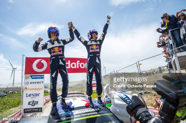 Julien Ingrassia and Sebastien Ogier of Ford Fiesta WRC celebrates the victory at the Power Stage podium at the end of the SS19 Fafe - Power Stage of...