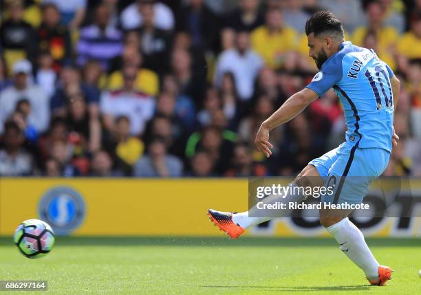 Sergio Aguero of Manchester City scores his sides second goal during the Premier League match between Watford and Manchester City at Vicarage Road on...